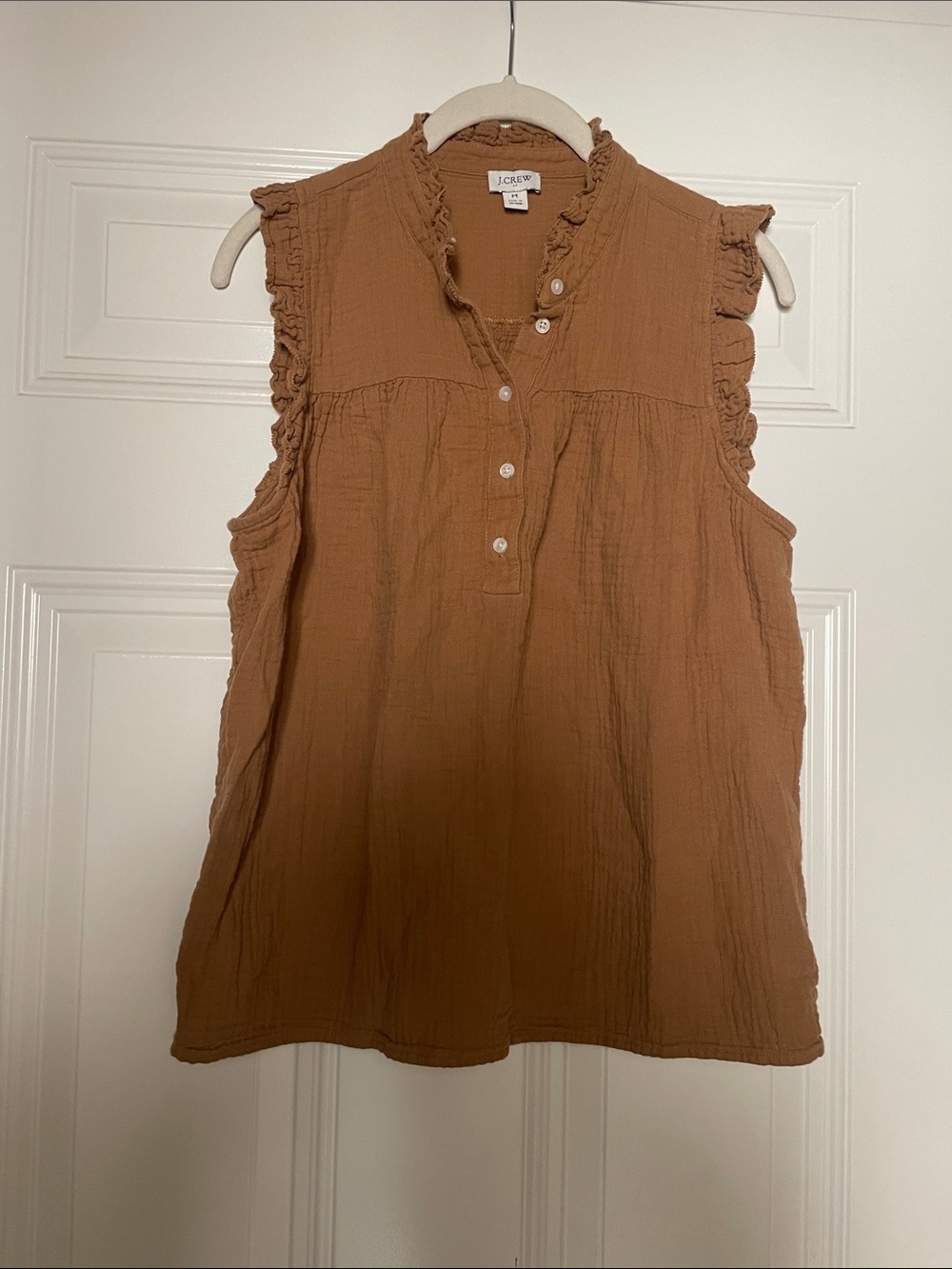 J. Crew Sleeveless Ruffle Blouse in Rust Brown